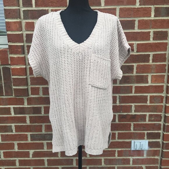 POL Sweater Chunky Chenille Knit Short Sleeve Oversized Tan Small - Picture 1 of 8
